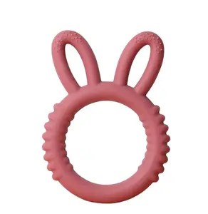 100% mordedor de bebé de grado alimenticio dibujos animados estirable silicona mordedor agujero mordedor cabeza de conejo lindo juguete suave logotipo personalizado