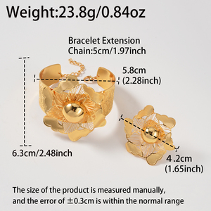 hollow carved floral copper crafted bulk wholesale 18k gold plated designer <b>bangle</b> bracelet matching fashion jewelry ring <b>set</b> - Product Image 6