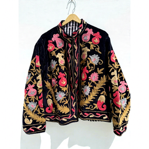 Elegant <b>Velvet</b> Jacket With Hand Embroidered Floral Pattern Mandarin Collar Full Sleeve Winter <b>Coat</b> - Product Image 1