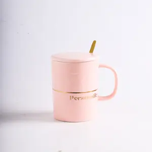 New Product Creative Modern Design Of Ceramic Pink Cup With Grapheme Golden Decal