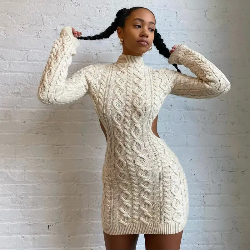 Sexy Knitted Sweater Dresses Fall Winter Clothes for Women Rave Outfit Backless Long Sleeve Mini Birthday Dress