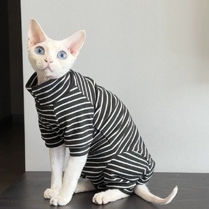Abbigliamento per Gatti OEM e ODM: Completo Estivo Traspirante a Quattro Zampe con Design a Righe e Cartoni Animati per Gattini Devon <span class=keywords><strong>Cat</strong></span> e Sphynx Senza Pelo - Product Image 4