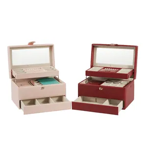 Embalagem de presente conjunto de gavetas de madeira para armazenamento de anel caixa de joias em PU com zíper