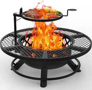 Table de foyer ronde en métal 3 en 1 avec grille de cuisson pour extérieur, jardin, patio, feu de camp, camping - Product Image 1