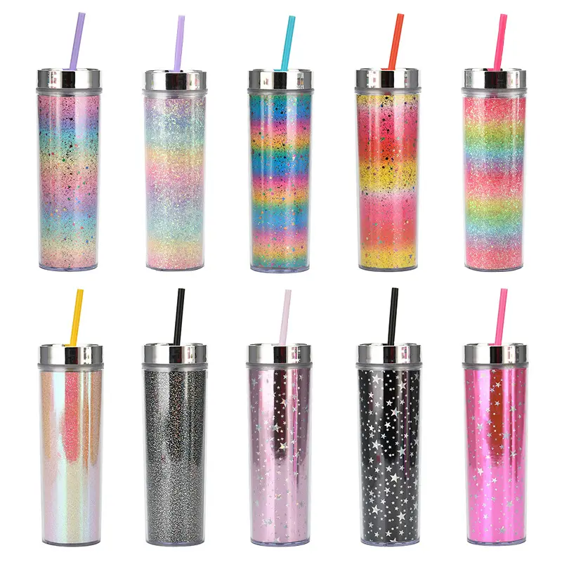 Copo de plástico para beber, glitter skinny de acrílico, arco-íris, copo de beber, estilo tumblr reto