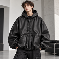 Veste en cuir PU noire à capuche pour homme, surdimensionnée, zippée, style bomber, streetwear, vêtements d'extérieur, OEM ODM