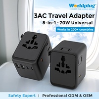 Adaptateur de voyage universel Worldplug International Plug Wall Socket 70W GaN avec 3 prises AC 2A3C pour ordinateur portable et téléphone
