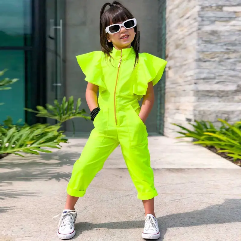 Conyson Wholesale Hot Kids Clothes Summer Short Flying Ruffles Sleeves Zipper One Piece Little Girls Jumpsuit Casual