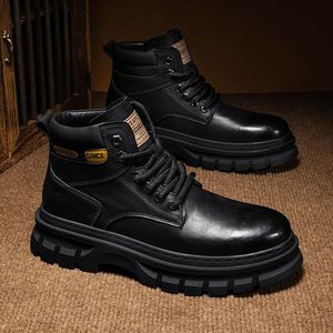 Men's <b>Black</b> Leather High Top <b>Work</b> <b>Boots</b> Round Toe Lace-up Anti-Slip Rubber Outsole EVA Midsole Microfiber Lining All Seasons - Product Image 4