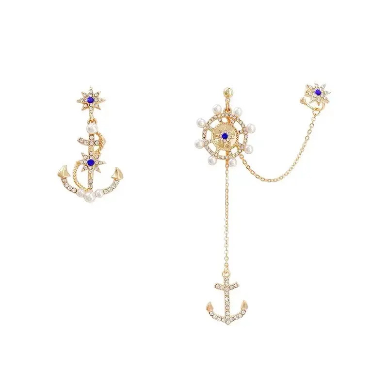 Irregular Design Navy Sailor Style Crystal Rhinestone Anchor Ear Studs Cuff Earrings Jewelry S925 Silver needle earrings