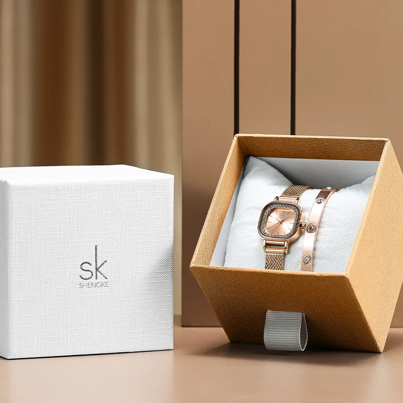 SHENGKE K0170L Luxury Square Watch Gift Set With Rose Gold Wrist Bracelet Gift Watch Box Casual Female Watch Set