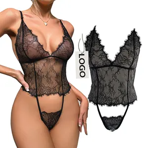 S M L XL Women sheer babydoll hot girls sexy sleepwear 2024 new deep v Lace Lingerie Erotic g string thong underwear