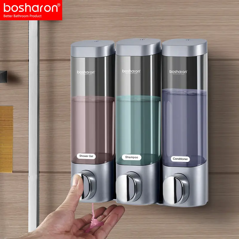 Bosharon เครื่องจ่ายสบู่เหลว3ห้องแบบใช้มือเจลแชมพูติดผนังสุขภัณฑ์พลาสติก ABS สำหรับโรงแรมห้องน้ำ