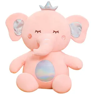 Mainan boneka hewan kustom promosi mata bordir mainan gajah merah muda lucu dengan mahkota