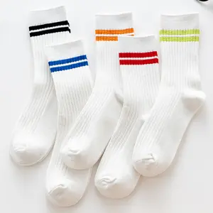 Socks Autumn And Winter Double Needle Striped Medium Tube Socks Rib 2 Bars White Neutral Couple Stockings Men's Cotton Socks