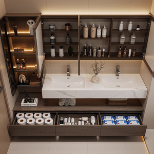 Ensemble <span class=keywords><strong>de</strong></span> meuble-lavabo <span class=keywords><strong>de</strong></span> <span class=keywords><strong>salle</strong></span> <span class=keywords><strong>de</strong></span> <span class=keywords><strong>bain</strong></span> avec <span class=keywords><strong>miroir</strong></span> intelligent anti-buée en céramique et armoire latérale, design français, armoire-<span class=keywords><strong>miroir</strong></span> LED intelligente murale pour hôtel - Product Image 4