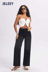 Nouveau jean taille haute à jambes larges amincissant avec strass scintillants - Noir élégant et sophistiqué - Product Image 3