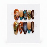 Faux Ongles à Presser 10 Pièces Longs Amande Effet Œil de Chat Ambre Ombré Brillant Faits Main 3D Floral Nail Art Réutilisables pour Femmes