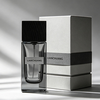 Flacon de parfum de luxe en verre épais transparent rectangulaire avec bouchon en bois noir à grain fin, flacon de parfum pour homme avec boîte