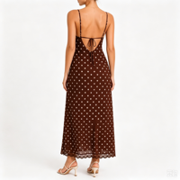 Robe longue marron à pois pour femme, bretelles spaghetti, détails en dentelle, col en V, dos nu à nouer, robe longue décontractée pour l'été, les vacances et les soirées
