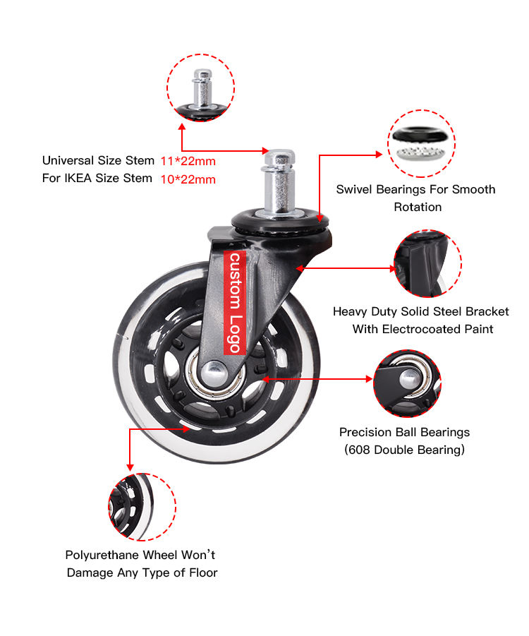 3 Inch Swivel PU Furniture Stem Caster Wheel Brake Light Duty Ball Bearing Customizable OEM Casters for Office Chair Sofa