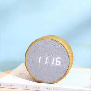 Creative round led bamboo fabric electronic alarm clock luminous voice control mute gift alarm clock usb wood clock