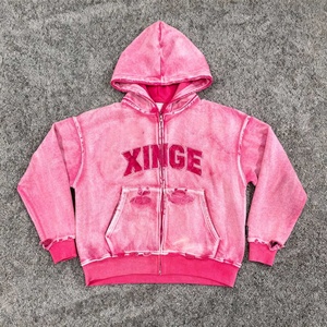 2026 Sweat à capuche zippé oversize pour homme, coupe boxy personnalisée, style streetwear, délavé à l'acide, effet usé, avec motif graphique lettres 3D floquées, poignets et ourlet effilochés - Product Image 2
