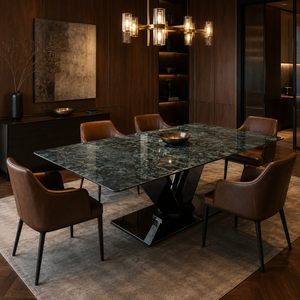 Table à manger personnalisée, plateau rectangulaire, style moderne, villa, 6 à 8 places, pieds en métal, meubles en pierre, luxe, granit bleu émeraude - Product Image 5