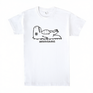 T-shirt Anxiousaurus bianca con scollo rotondo e grafica, unisex, taglia adulta S M L XL XXL - Product Image 2