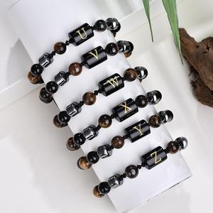 Initial Bracelet à breloques de mode pour hommes fait à la main avec oeil de tigre obsidienne <span class=keywords><strong>hématite</strong></span> <span class=keywords><strong>pierre</strong></span> de lave perlée lettre initiale - Product Image 6