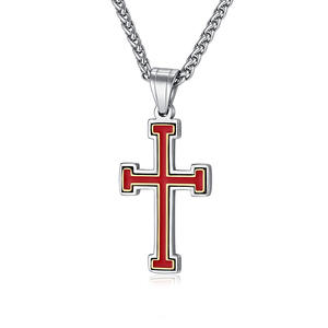 Stainless Steel <b>Cross</b> Pendant Necklace Unisex Geometric Design Red Inlay Bezel Setting - Product Image 5