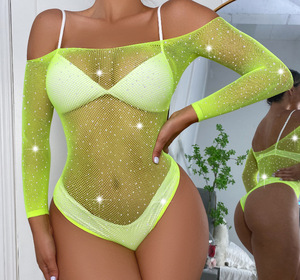 One Piece Thin Bodysuit Sex Hole <strong>Rhinestone</strong> <strong>Fishnet</strong> See Sheer <strong>Rhinestone</strong> Dancewear Mesh Through Sexy Diamond Teddy Lingerie - Product Image 2