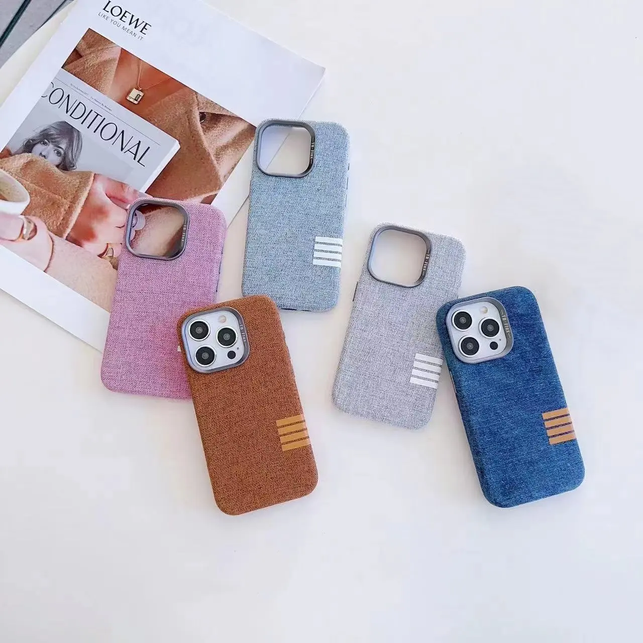 Phone Cover For iPhone 12 13 14 15 Pro Max Grey Compatible Slim Pu Leather New Design Cloth Texture Phone Case