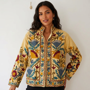 Floral Embroidered Sequin Knitted Eco-friendly Cotton Jacket Double Breasted <b>Zipper</b> Closure Stand Collar Full Sleeve 240g Quick - Product Image 1