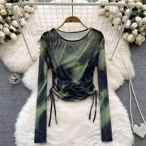 Annshine Blouse en mousseline à manches longues, coupe ajustée, col rond, avec cordon de serrage et maille tie-dye, design vintage de niche, Nouvelle collection été 2026 - Product Image 2