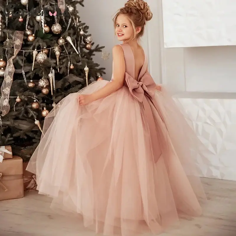Finalz wholesale kids baby Formal Gown Mesh Bow Pink Sleeveless party dresses for girls