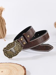 Sabuk Kulit Sapi Model Vintage Kepala Banteng Barat untuk Remaja, Aksesoris Sabuk Jeans Serbaguna, Laris untuk EU, AS, Asia Tenggara - Product Image 3