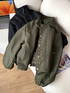 Blouson aviateur vert pour <span class=keywords><strong>femme</strong></span>, <span class=keywords><strong>manteau</strong></span> court en coton épais évidé avec col montant pour toutes les saisons. - Product Image 4