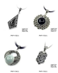 925 Perak Perhiasan Wanita Gaya Antik dengan Marcasite & Batu Akik Hitam Liontin Ukuran Besar - Product Image 3