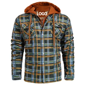 Free LOGO Customized Men's plaid shirt jacket plus velvet plus size winter windproof and warm hooded cotton jacket Green jacket