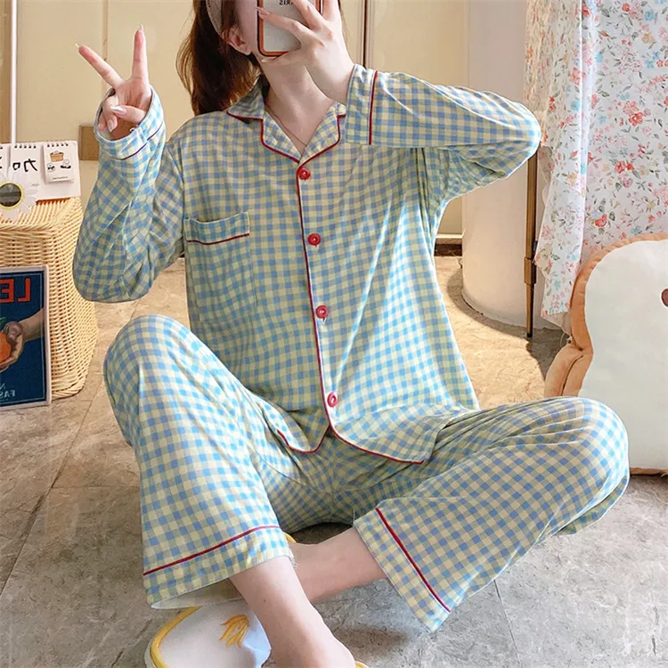 Cute Cartoon Print Long Sleeved Pajamas Women's Lapel Cardigan Suit Polka Dot Trousers Plus Size Plaid Sleepwear