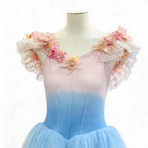 Robe de ballet rose et bleu dégradé pour filles, costume de danse féerique pour enfants, longue jupe en tulle avec appliques florales 3D pour Coppelia - Product Image 2
