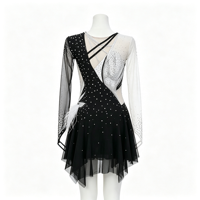 Robe de patinage asymétrique noire et blanche pour enfants et adultes, à manches longues en maille, avec strass et plumes, pour spectacle de patinage artistique