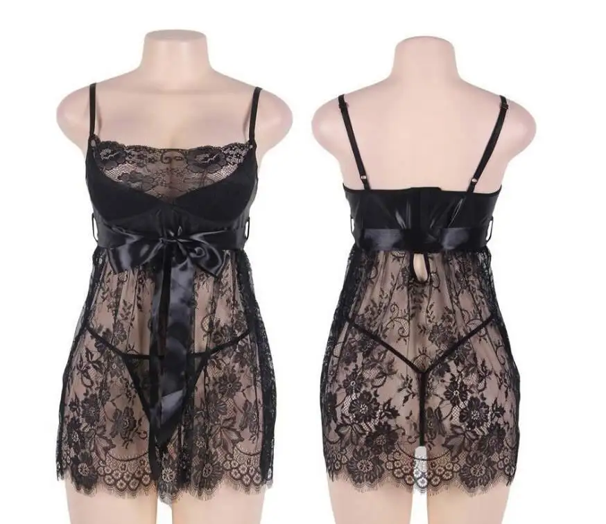 Cộng Với Kích Thước Ren Quan Điểm Halter Dress Thong Set Đồ Lót Kỳ Lạ Ladies Ngủ Nightdress Set Sexy Lingerie Cho Phụ Nữ Béo