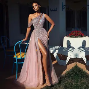 Pink/Caramel Luxury High Split Party Gowns For Women 2023 Beaded Elegant Mermaid One Shoulder Evening Dresses