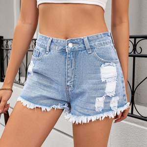 Shorts de Mezclilla de Cintura Alta a la Moda para <span class=keywords><strong>Mujer</strong></span>, Desgastados y con Dobladillo Deshilachado - Product Image 1