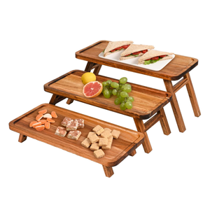 Rectangle <strong>Dessert</strong> Table Display Stand Foldable <strong>3</strong>-<strong>Tier</strong> Acacia Wooden Eco-Friendly Cupcake Serving <strong>Tray</strong> &amp; Tower Display Set - Product Image 1