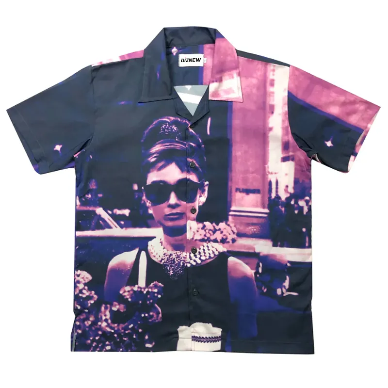 DiZNEW men's New Fashion Casual Sublimation Button Up Shirt Audrey Hepburn Custom Print Short Sleeves Shirts