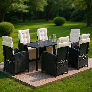 Set da pranzo da giardino in polyrattan nero da 7 pezzi con cuscini, mobili da esterno in stile contemporaneo, resistenti alle intemperie - Product Image 2