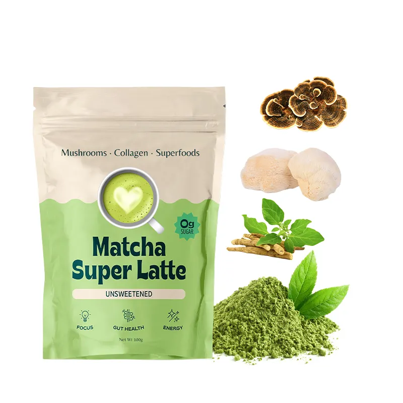 Labels privés Matcha Super Latte Thé Vert Cérémoniel Collagène Biologique Huile MCT Champignons Superaliments Detox Energie Focus Dig